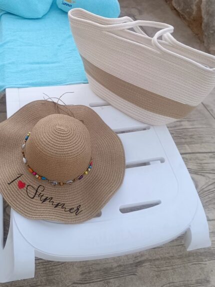 Set of Beige multicolor Beach Bag and Embroidered Hat