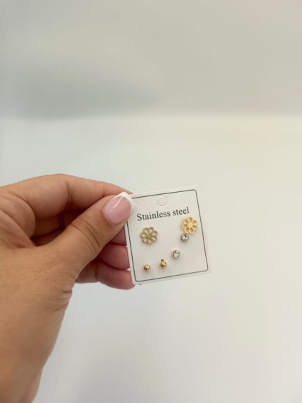 Set of 3 Gold Earrings-Small flower